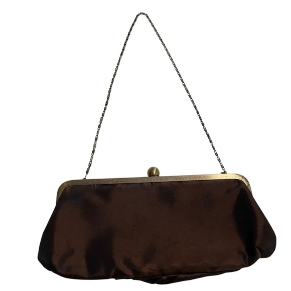 Vintage 60s Brown Lucite Beads Ribbon Flower Fold in Chain Strap Clutch Handbag - Picture 3 of 8